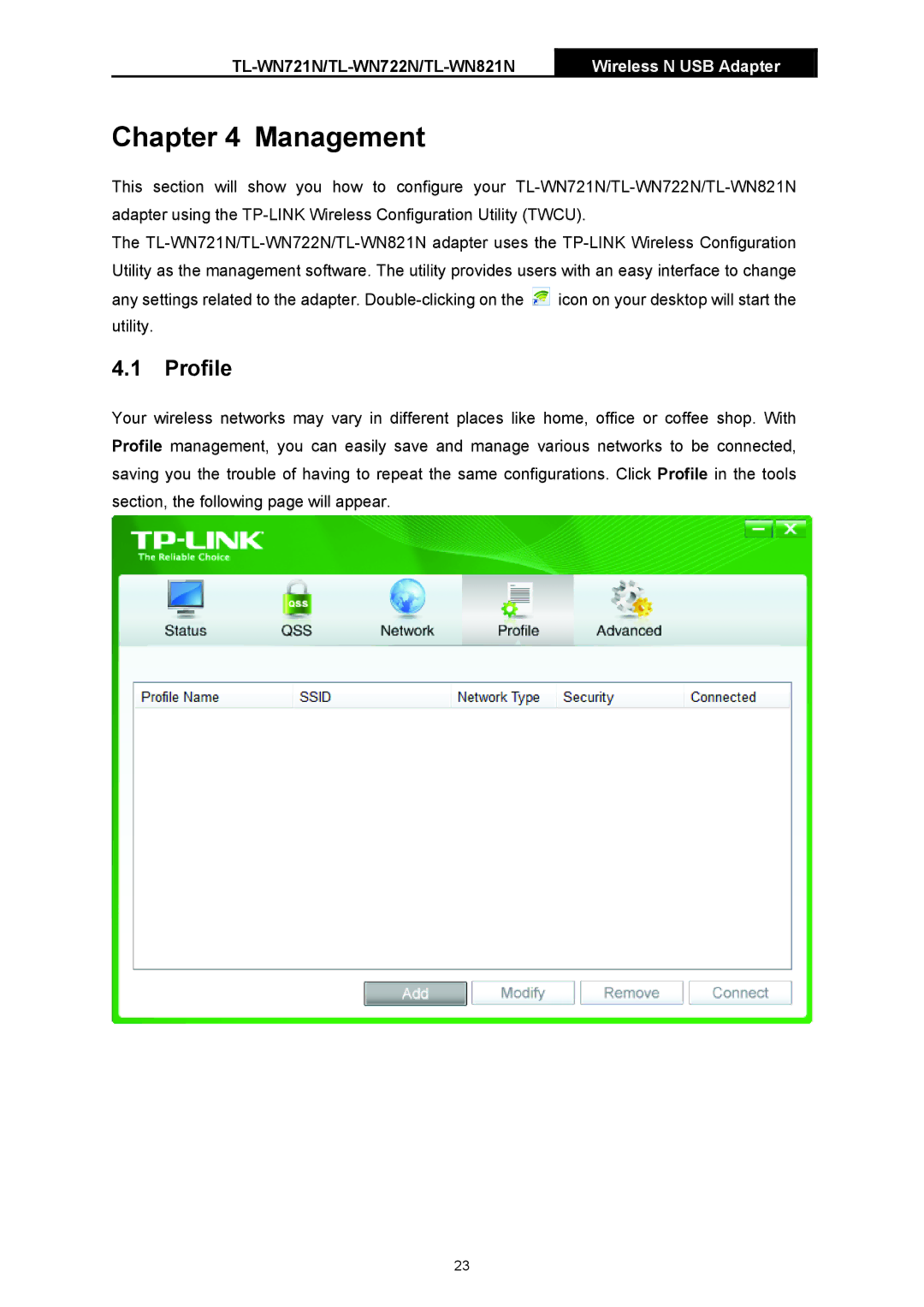 TP-Link TL-WN721N manual Management, Profile 