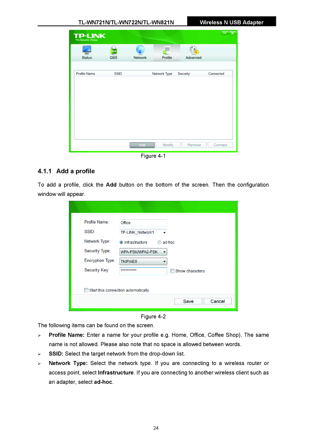 TP-Link TL-WN721N manual Add a profile 