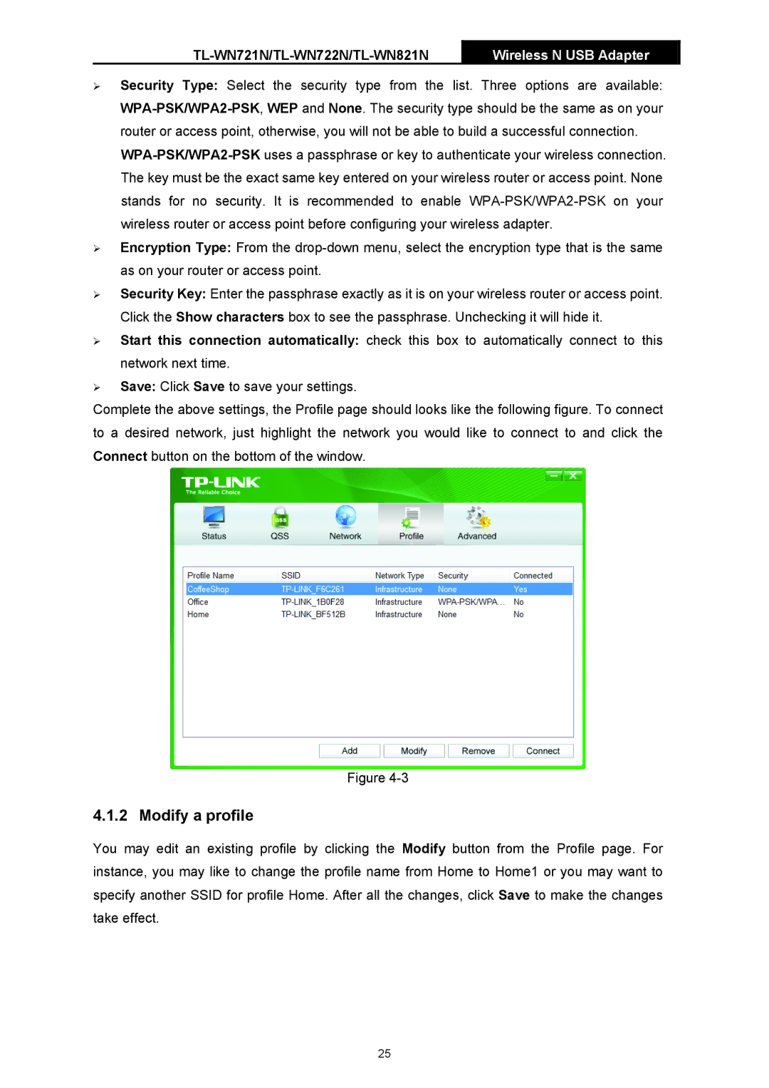 TP-Link TL-WN721N manual Modify a profile 