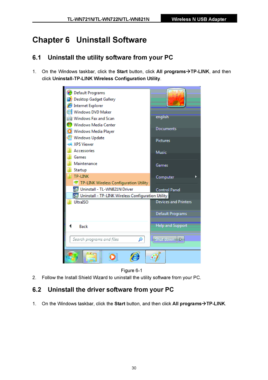 TP-Link TL-WN721N manual Uninstall Software, Uninstall the utility software from your PC 