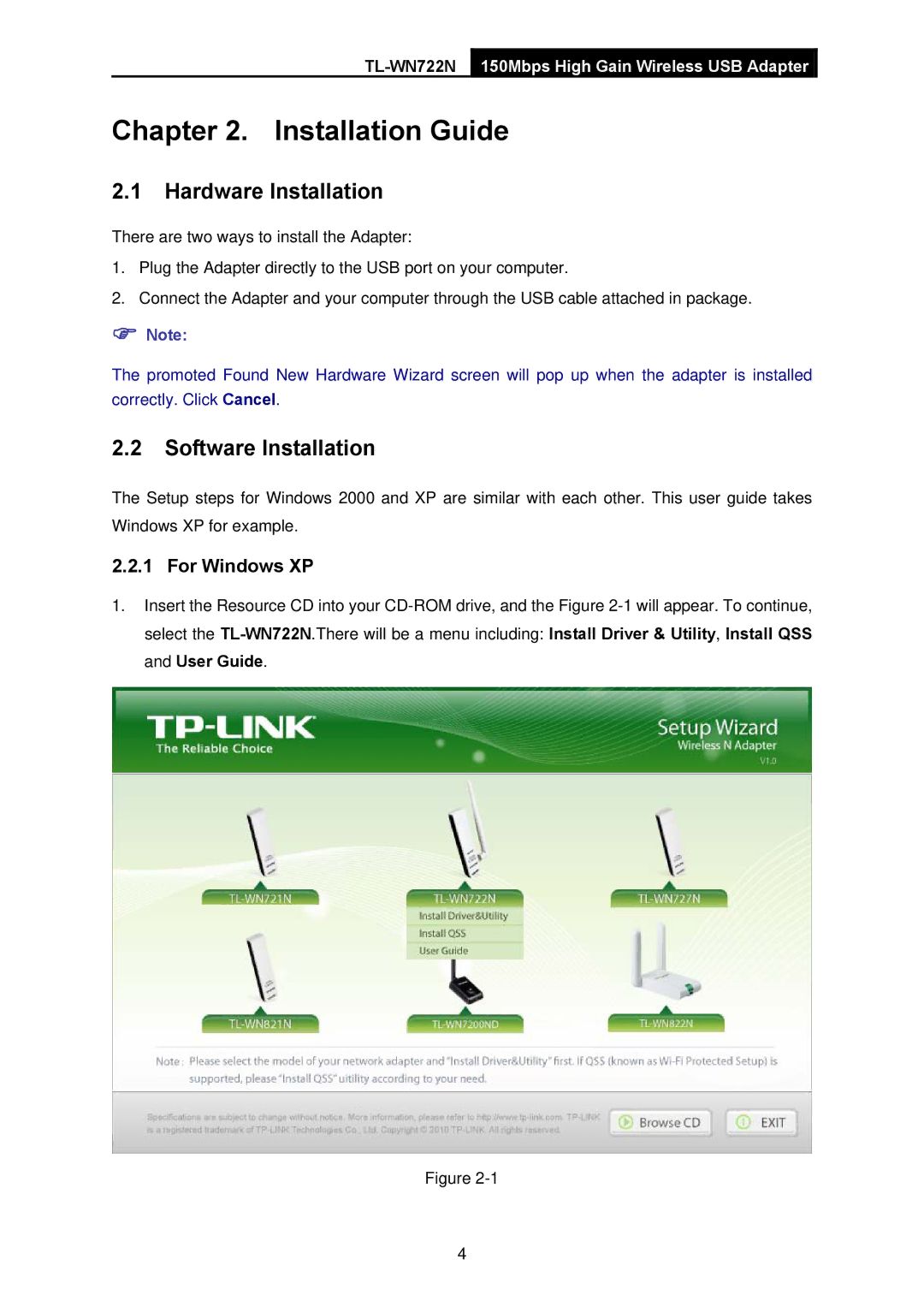 TP-Link TL-WN722N manual Installation Guide, Hardware Installation, Software Installation, For Windows XP 