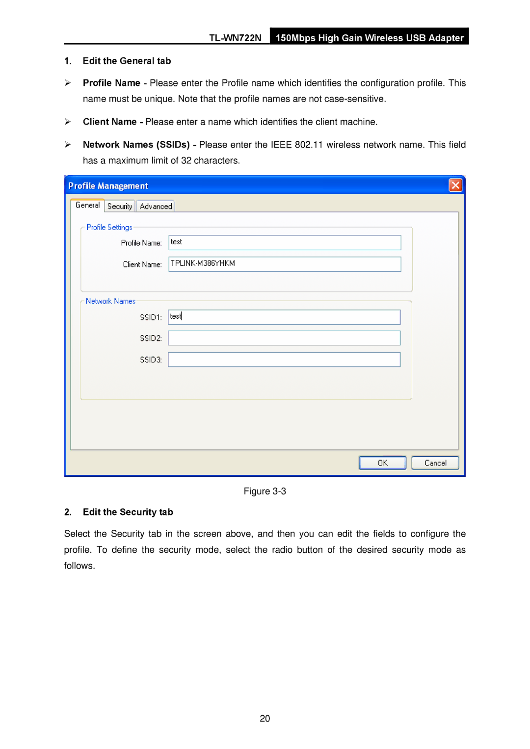 TP-Link TL-WN722N manual Edit the General tab, Edit the Security tab 