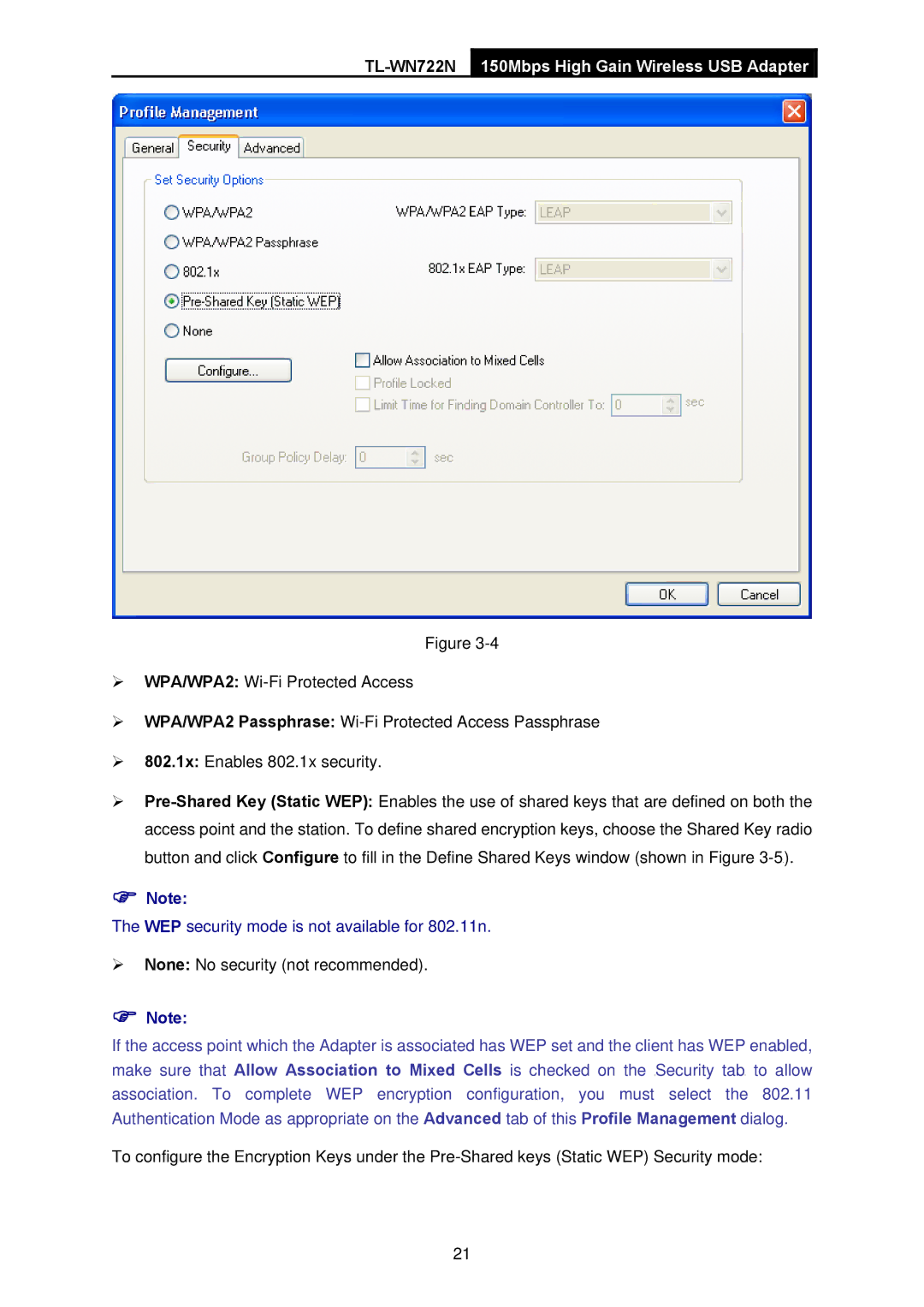 TP-Link TL-WN722N manual WEP security mode is not available for 802.11n 