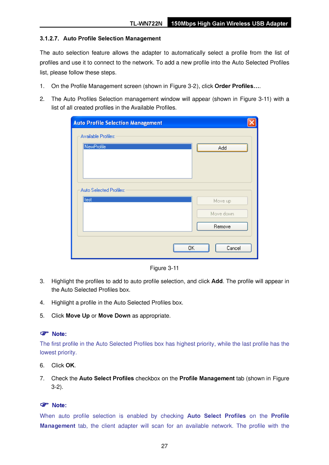 TP-Link TL-WN722N manual Auto Profile Selection Management 