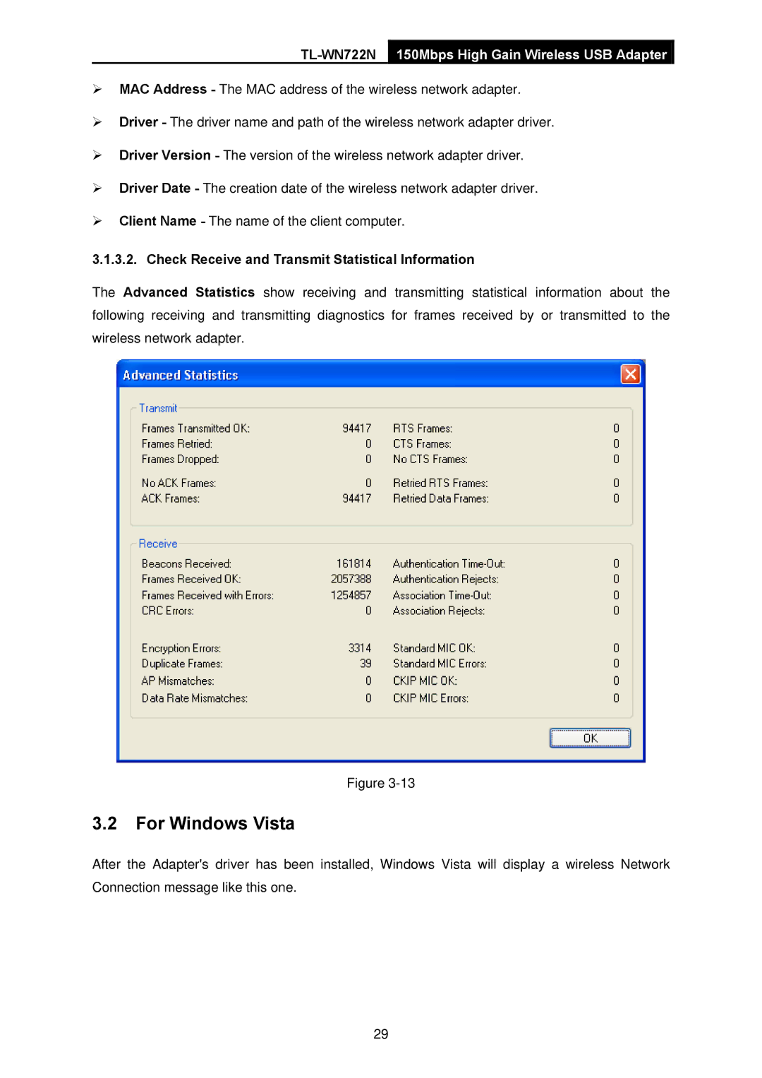 TP-Link TL-WN722N manual For Windows Vista, Check Receive and Transmit Statistical Information 