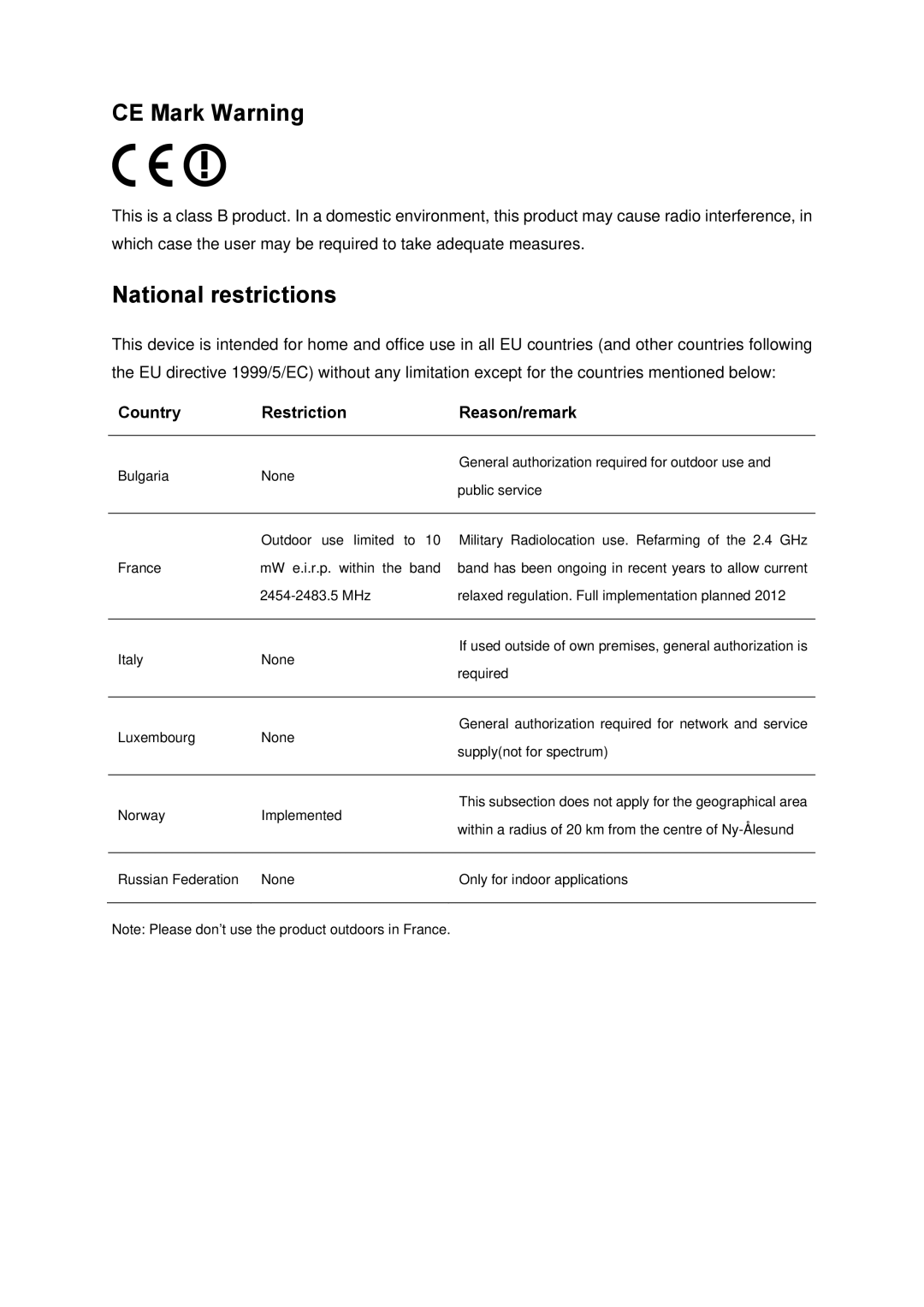 TP-Link TL-WN722N manual CE Mark Warning, Country Restriction Reason/remark 