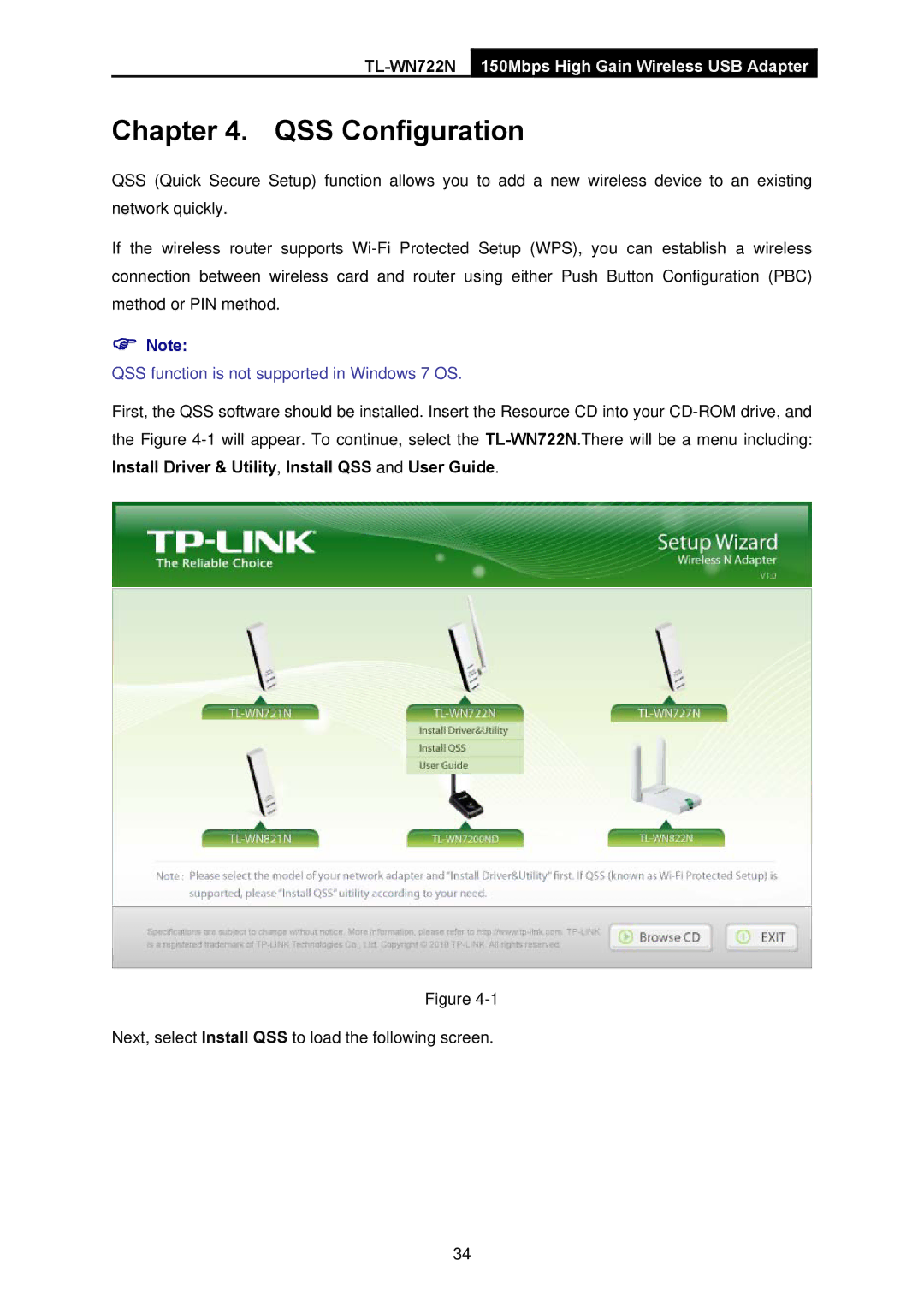 TP-Link TL-WN722N manual QSS Configuration, QSS function is not supported in Windows 7 OS 