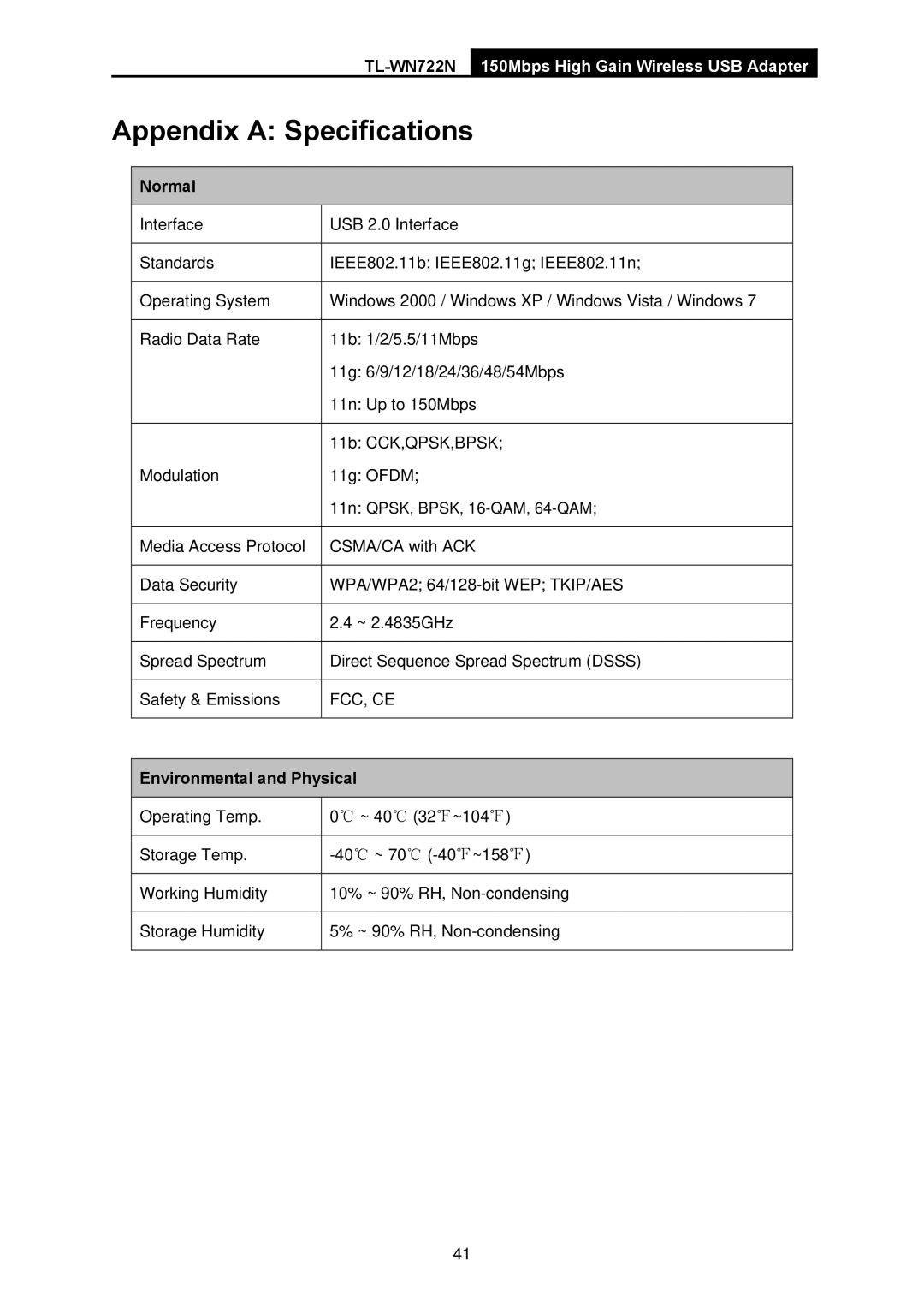 TP-Link TL-WN722N manual Appendix a Specifications, Normal, Environmental and Physical 