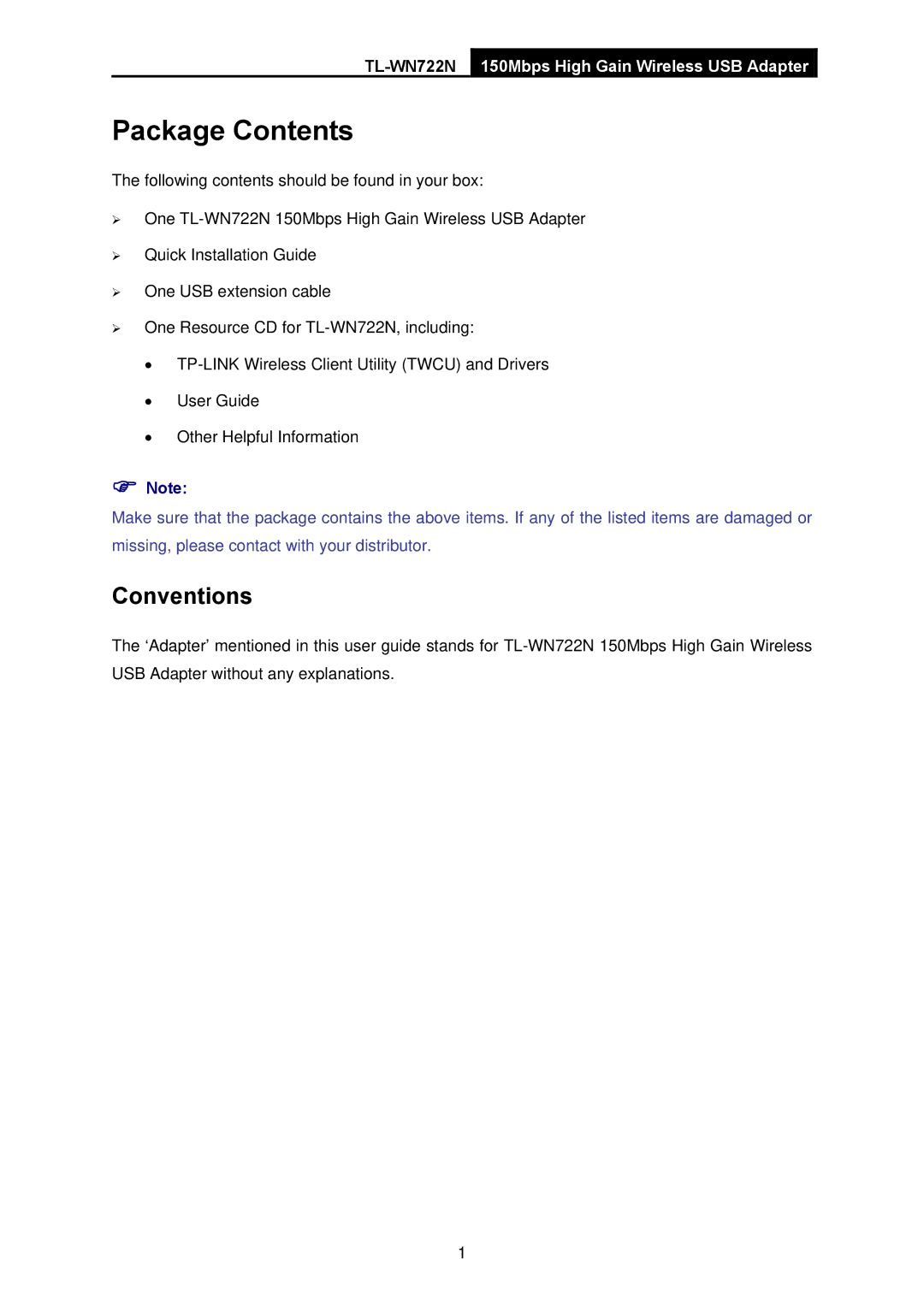 TP-Link TL-WN722N manual Package Contents 