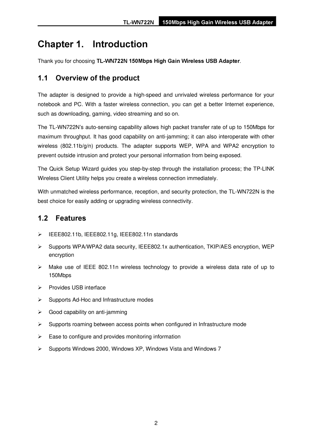 TP-Link TL-WN722N manual Introduction, Overview of the product, Features 