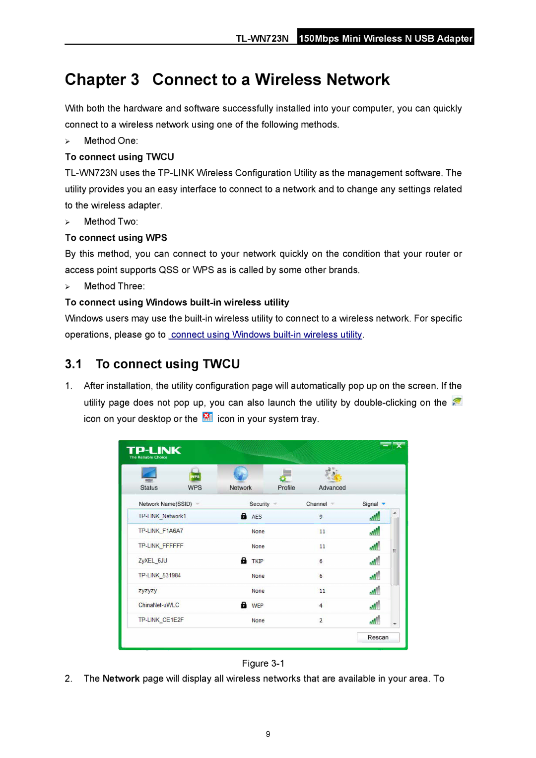 TP-Link TL-WN723N manual Connect to a Wireless Network, To connect using Twcu 