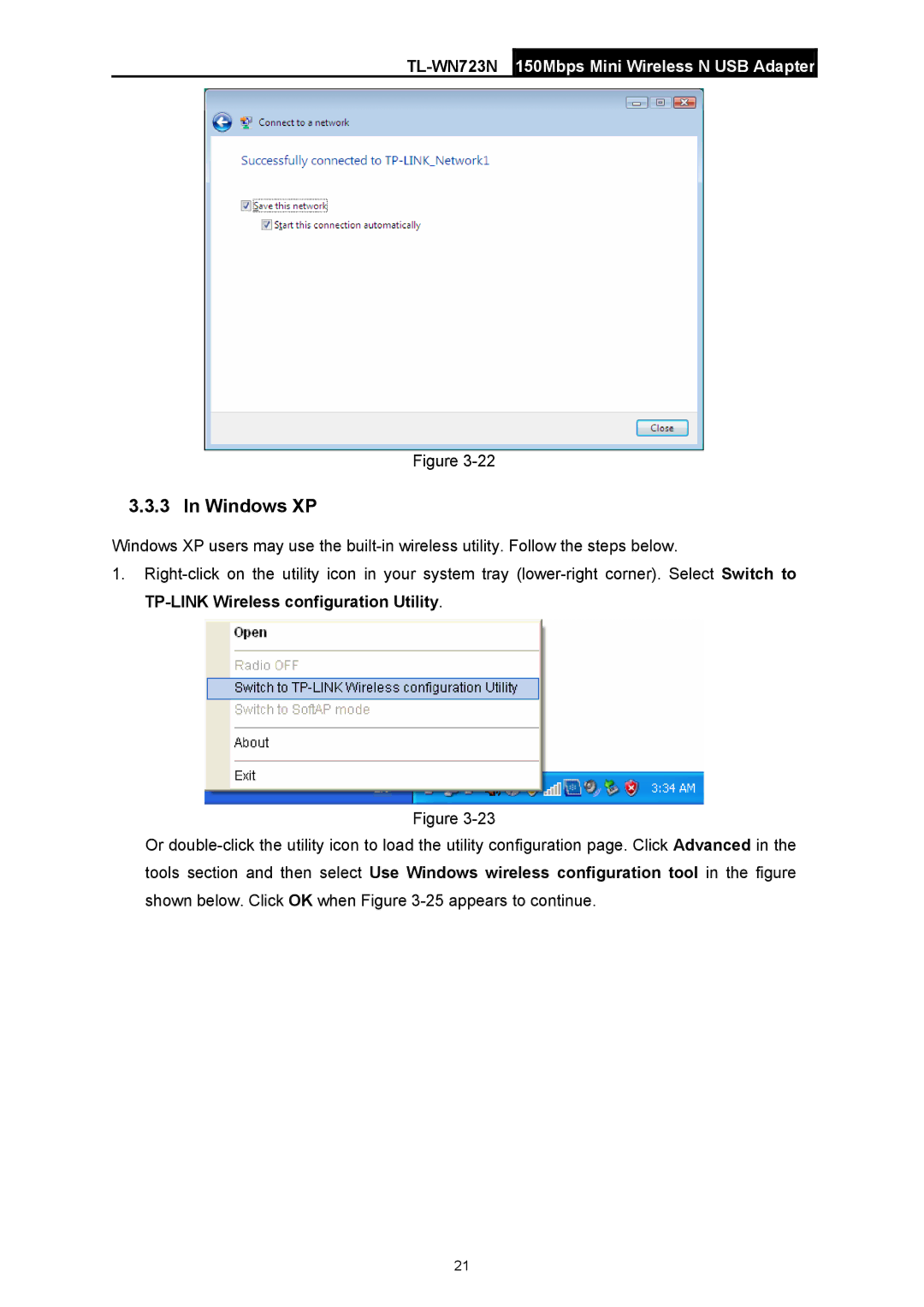 TP-Link TL-WN723N manual Windows XP 