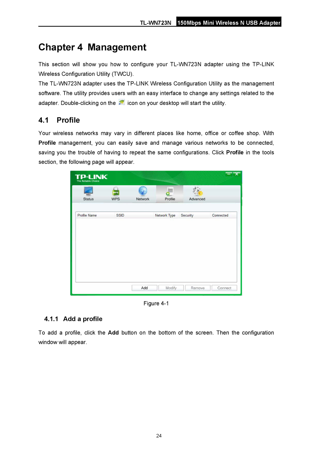 TP-Link TL-WN723N manual Management, Profile, Add a profile 