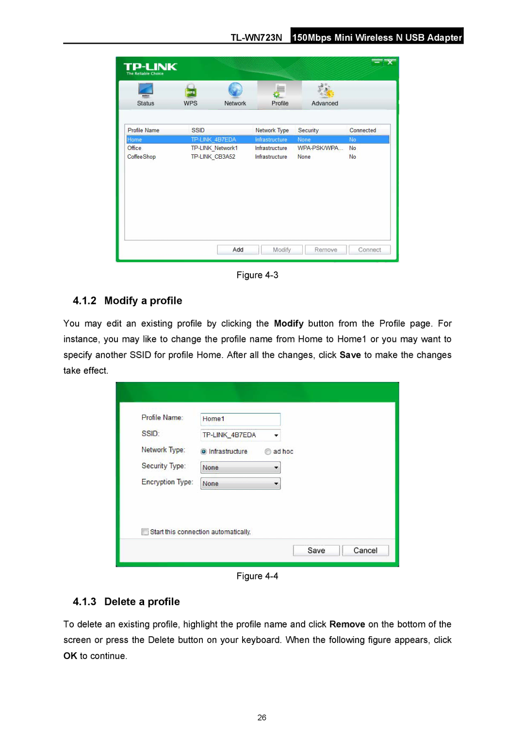 TP-Link TL-WN723N manual Modify a profile, Delete a profile 