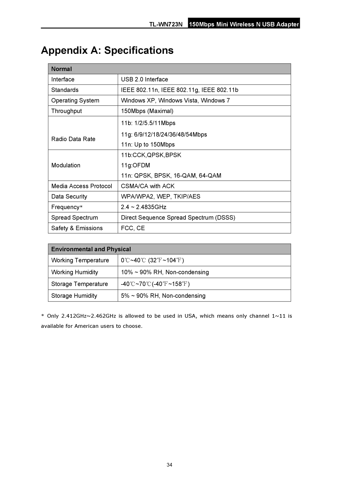 TP-Link TL-WN723N manual Appendix a Specifications, Normal 