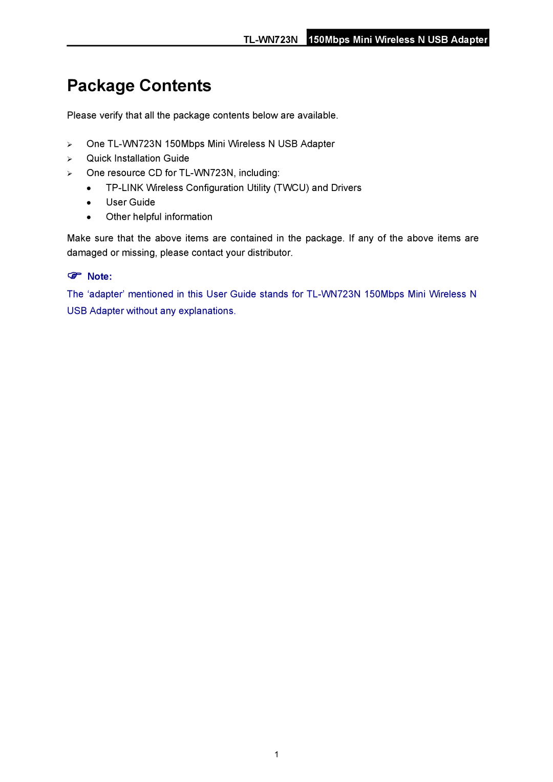 TP-Link TL-WN723N manual Package Contents 