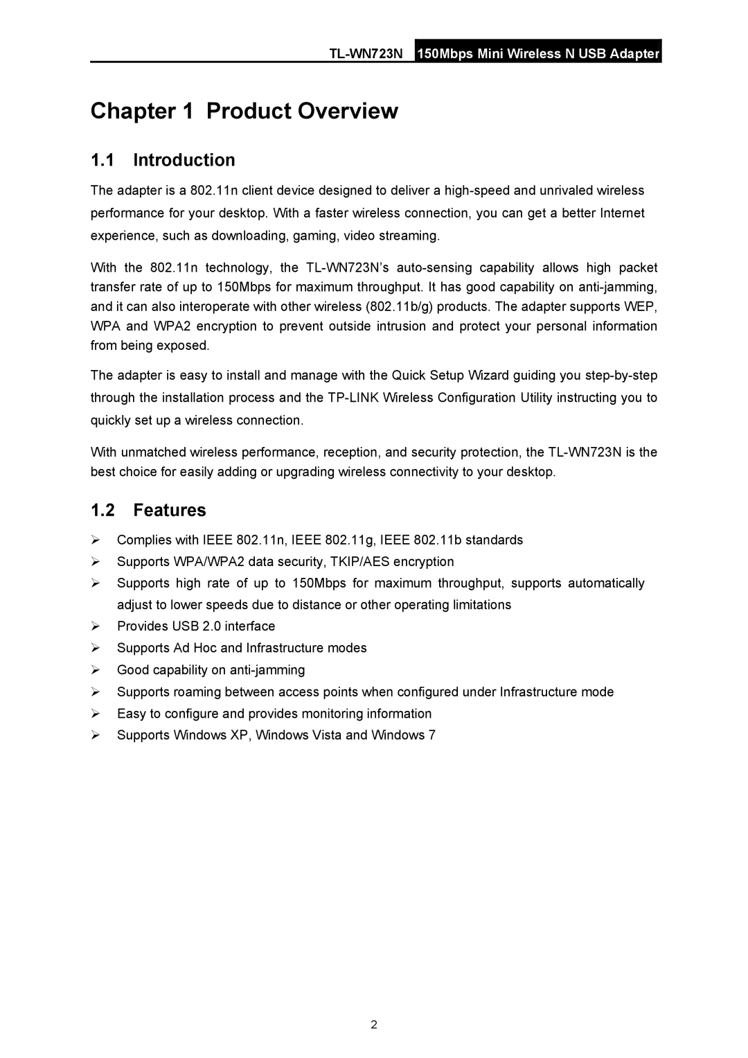 TP-Link TL-WN723N manual Product Overview, Introduction, Features 