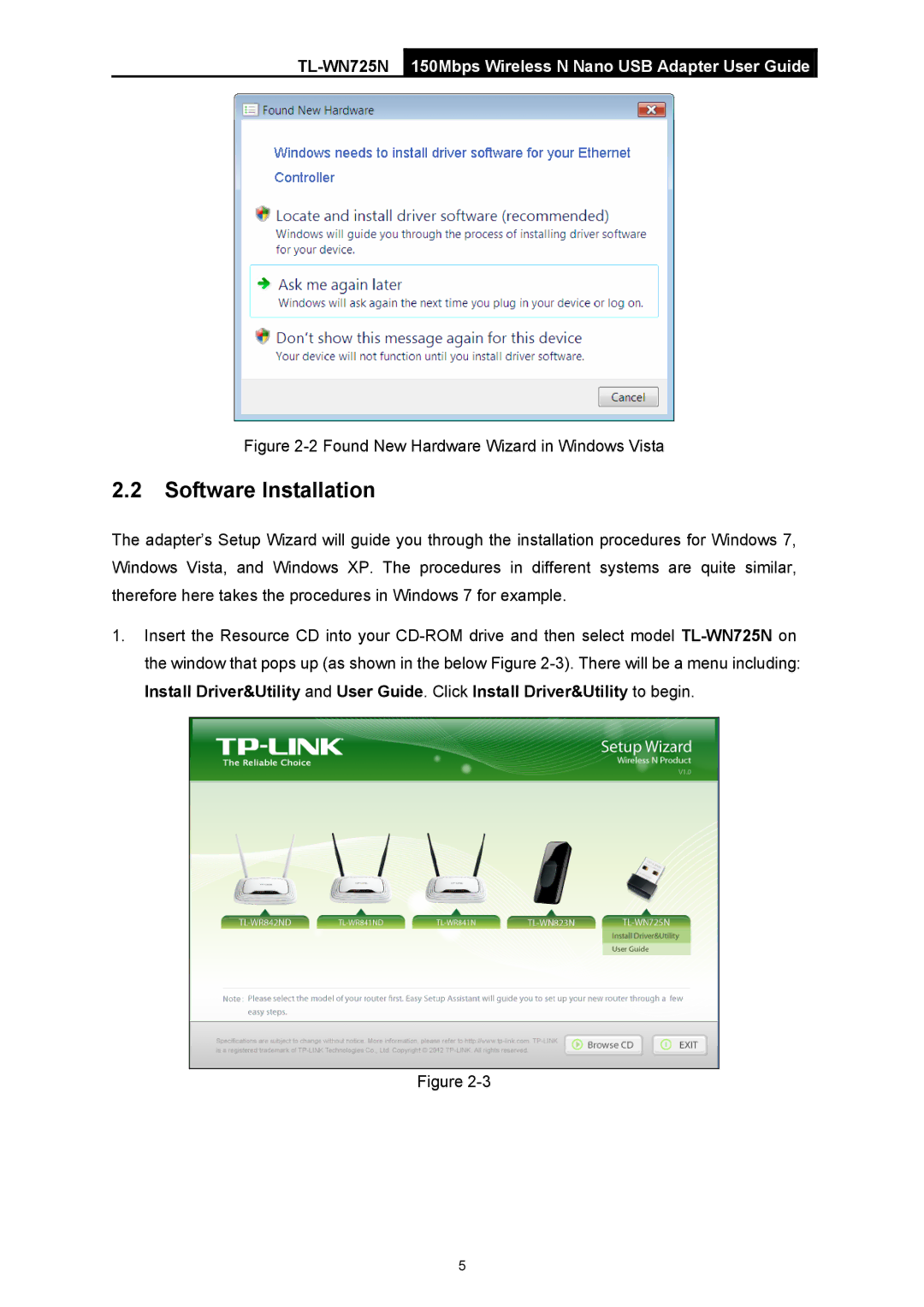 TP-Link TL-WN725N manual Software Installation, Found New Hardware Wizard in Windows Vista 