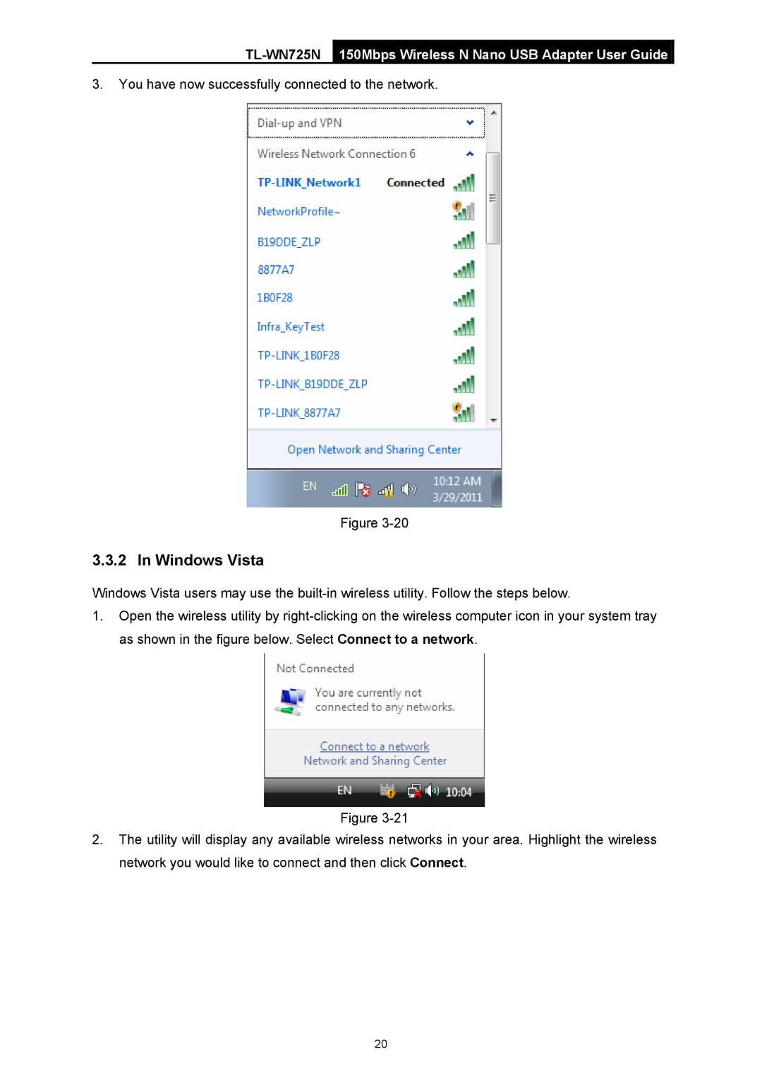 TP-Link TL-WN725N manual Windows Vista 