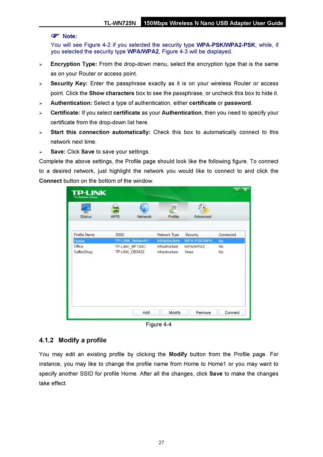 TP-Link TL-WN725N manual Modify a profile 