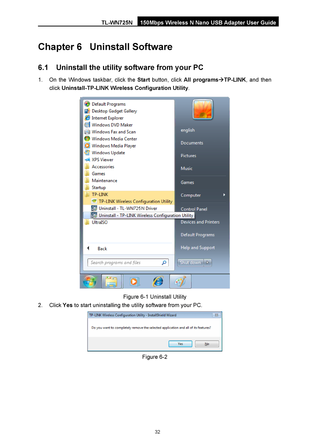 TP-Link TL-WN725N manual Uninstall Software, Uninstall the utility software from your PC 