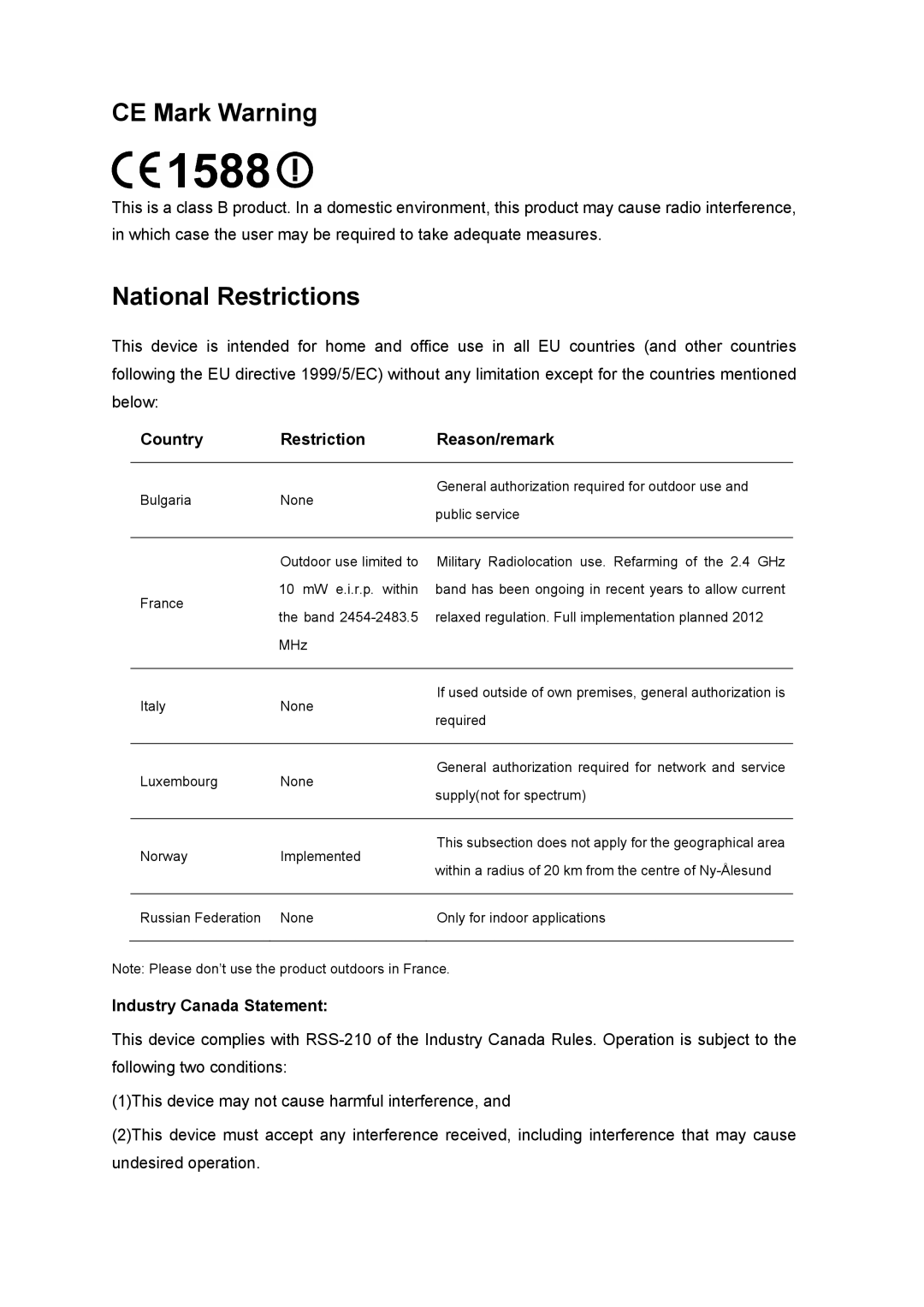 TP-Link TL-WN725N manual Country Restriction Reason/remark, Industry Canada Statement 