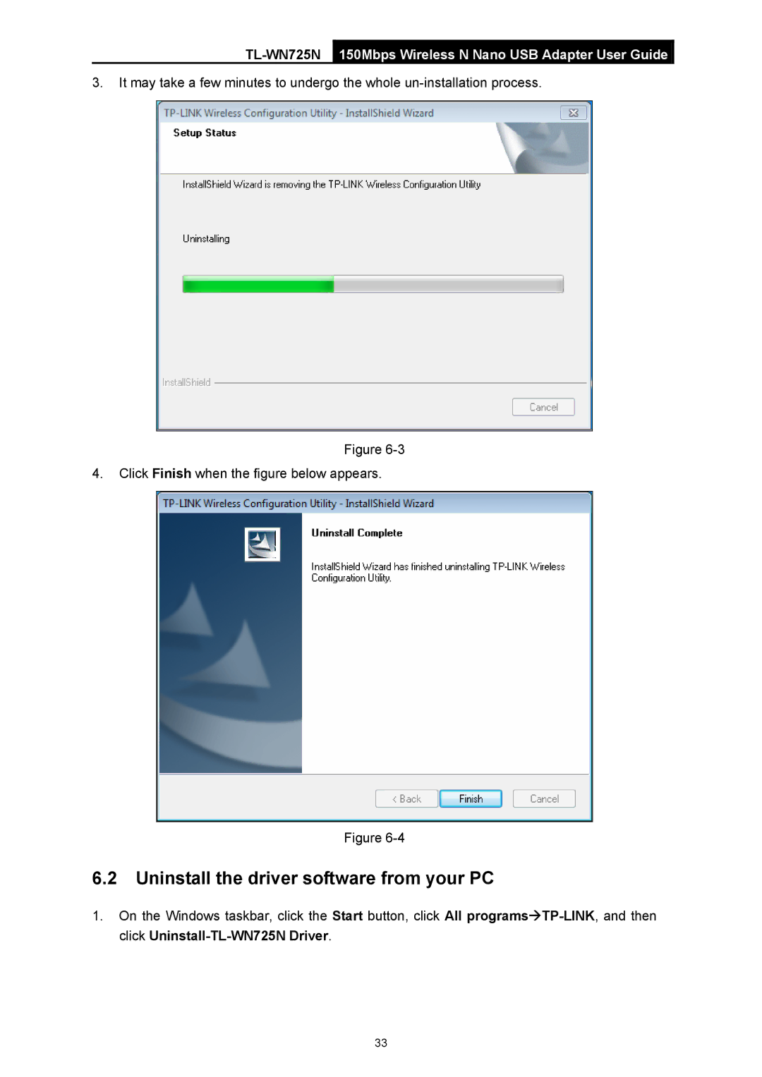 TP-Link TL-WN725N manual Uninstall the driver software from your PC 