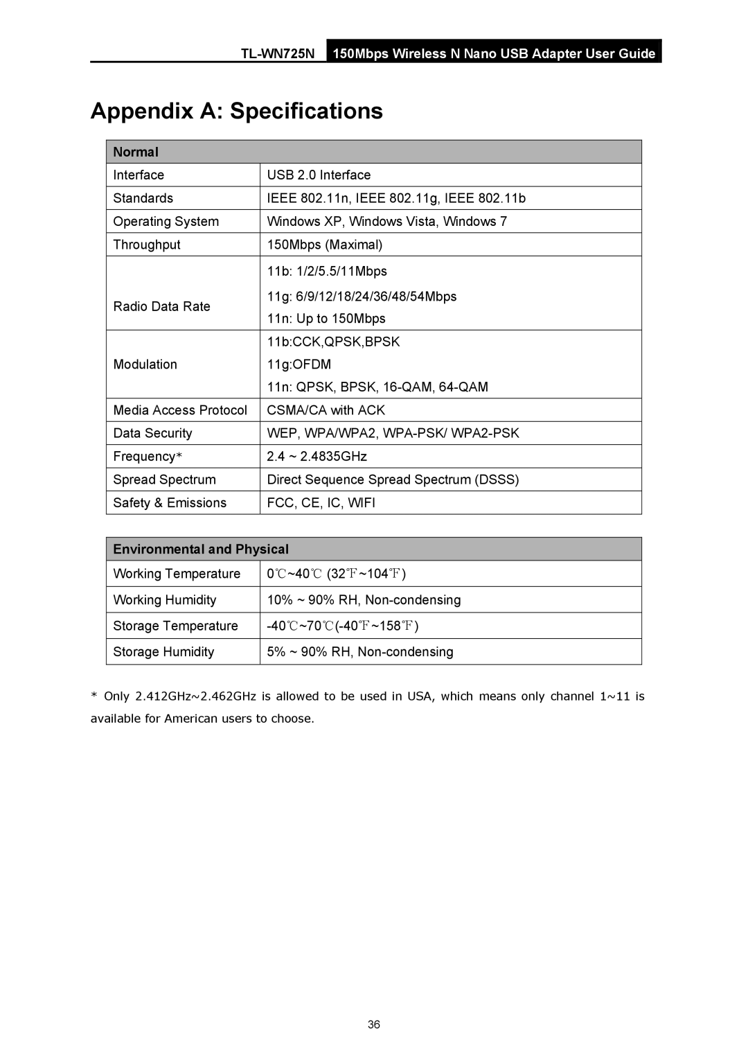 TP-Link TL-WN725N manual Appendix a Specifications, Normal, Environmental and Physical 