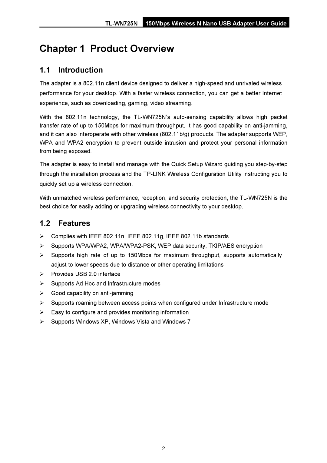 TP-Link TL-WN725N manual Product Overview, Introduction, Features 