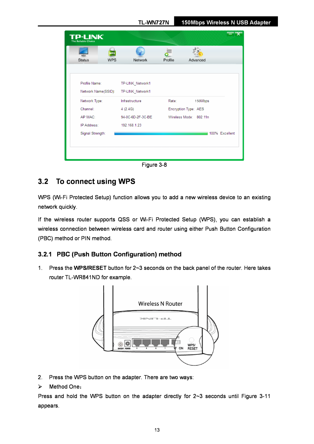 TP-Link TL-WN727N manual To connect using WPS, PBC Push Button Configuration method, 150Mbps Wireless N USB Adapter 