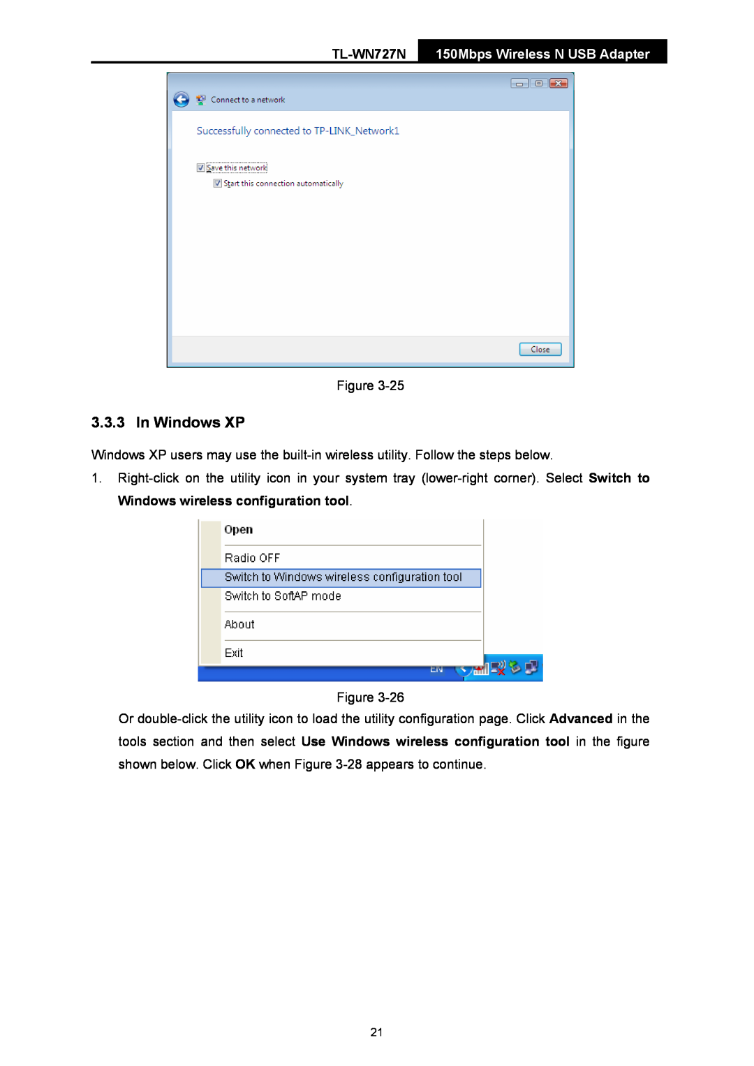 TP-Link TL-WN727N manual In Windows XP, 150Mbps Wireless N USB Adapter 