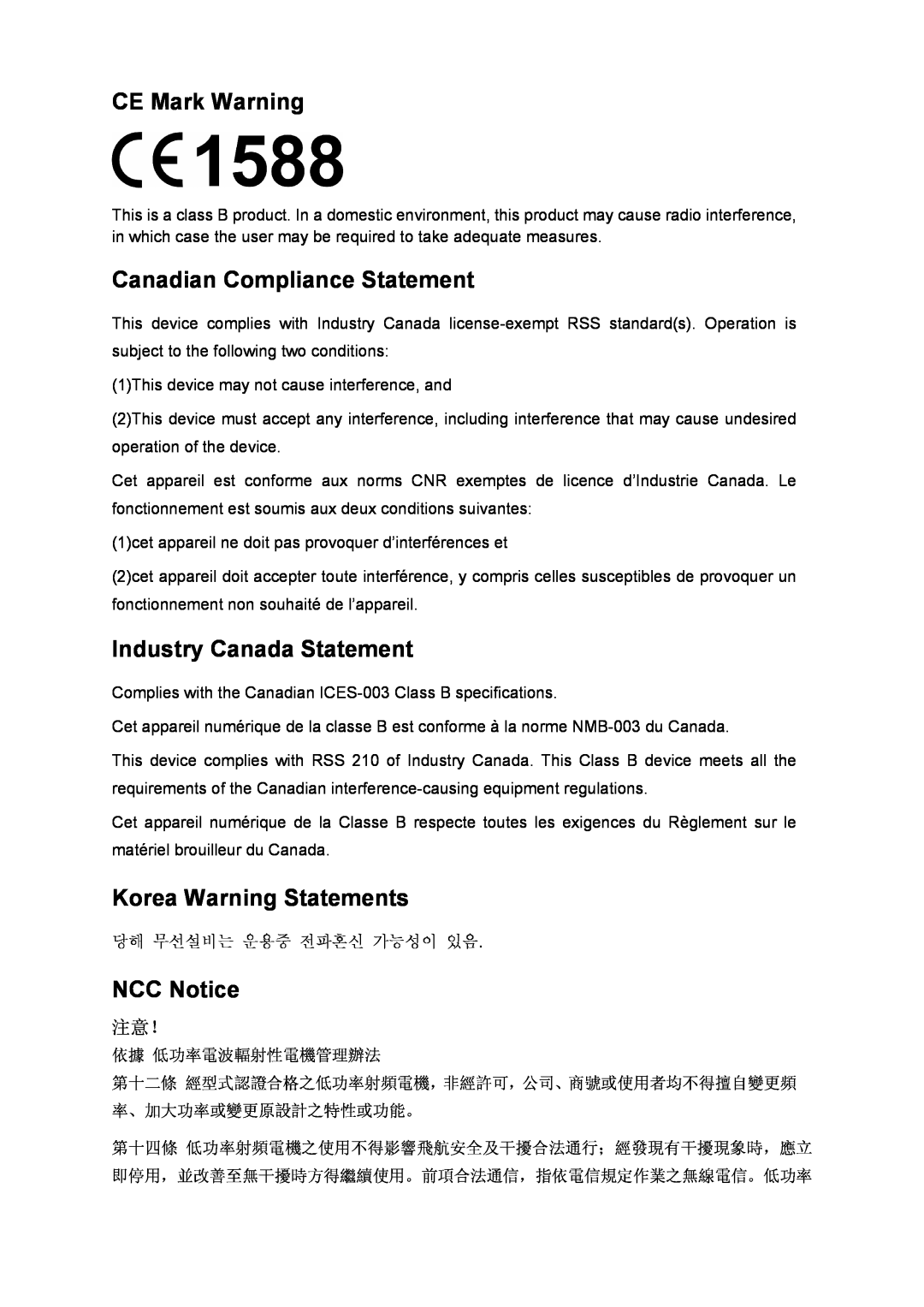 TP-Link TL-WN727N CE Mark Warning, Canadian Compliance Statement, Industry Canada Statement, Korea Warning Statements 