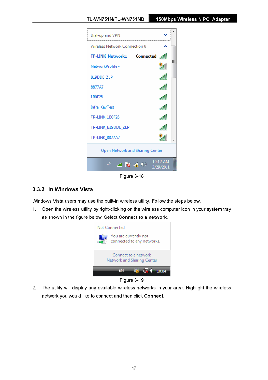 TP-Link TTL-WN751N manual Windows Vista 