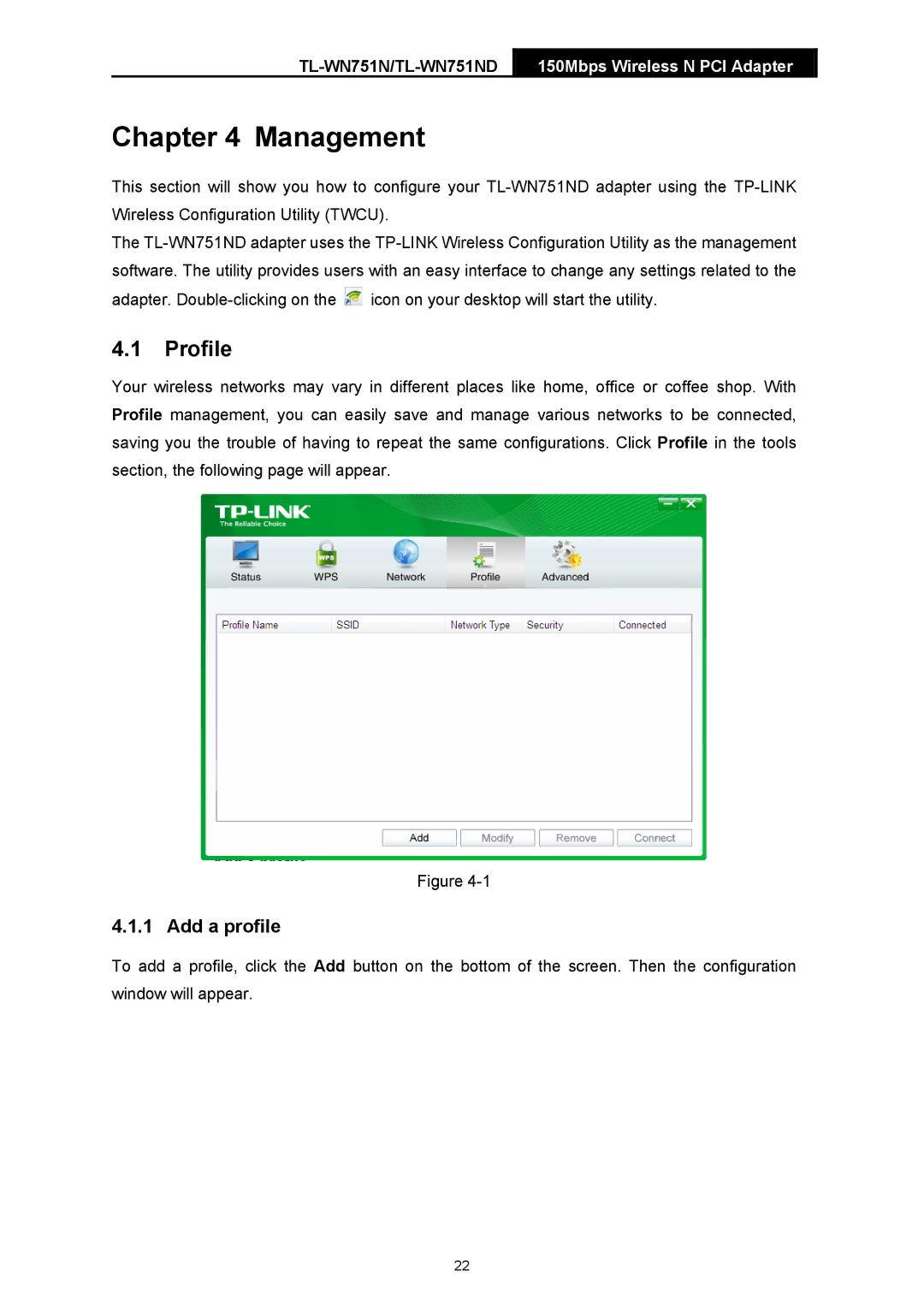 TP-Link TTL-WN751N manual Management, Profile, Add a profile 