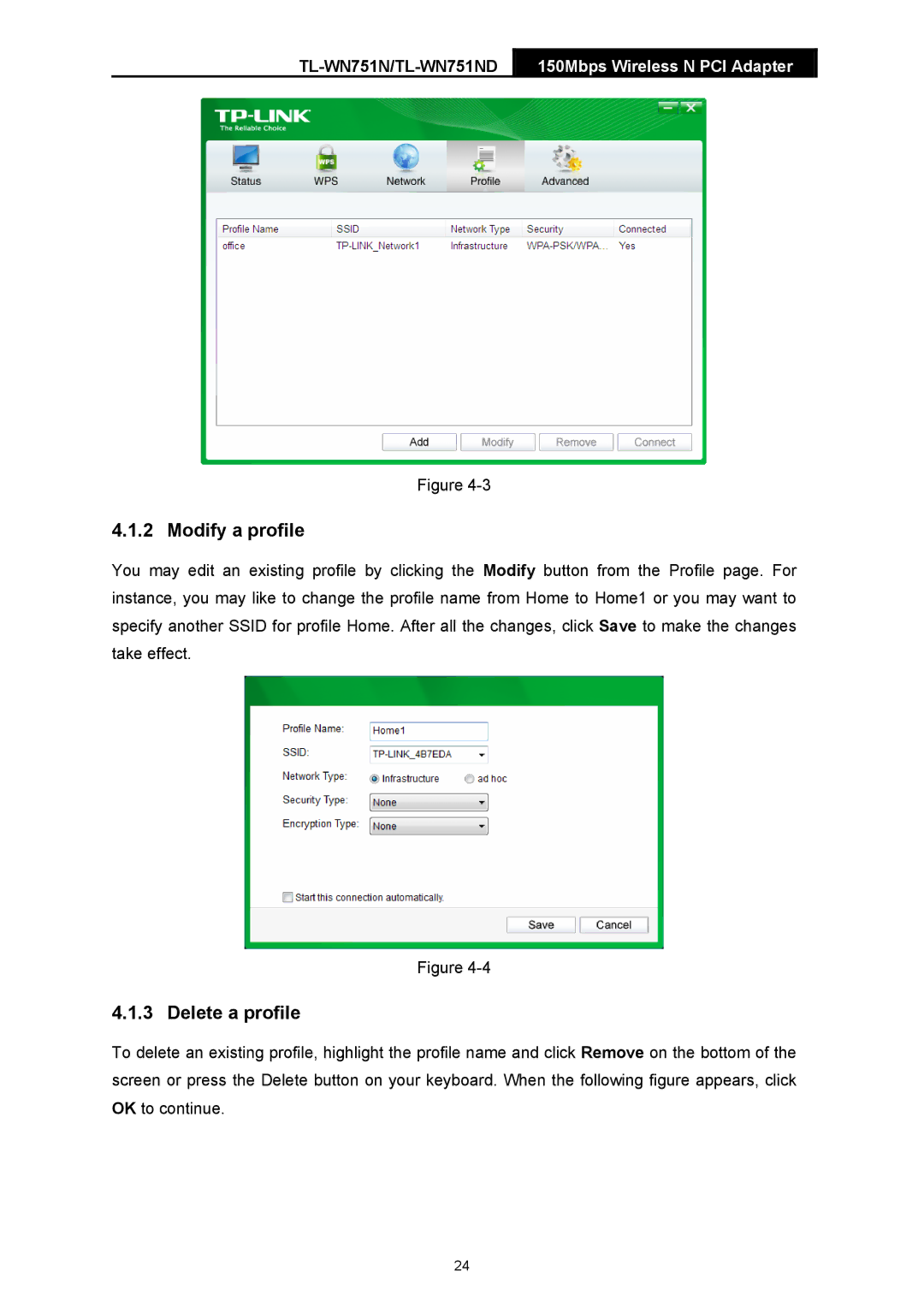 TP-Link TTL-WN751N manual Modify a profile, Delete a profile 