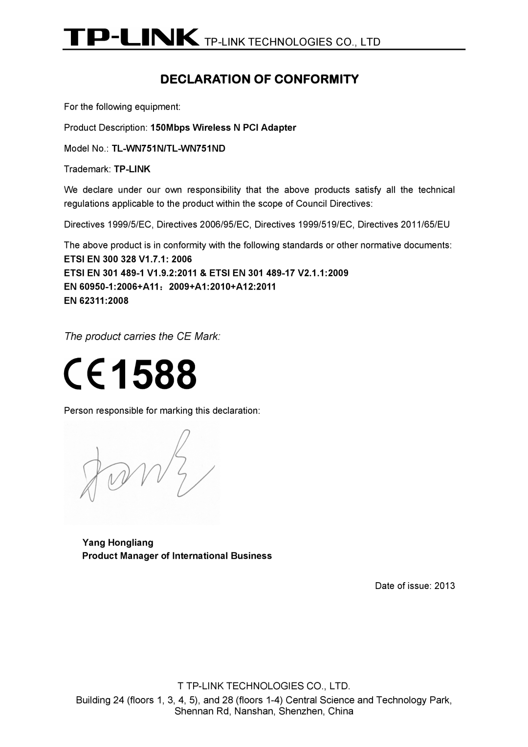 TP-Link TTL-WN751N manual Declaration of Conformity 