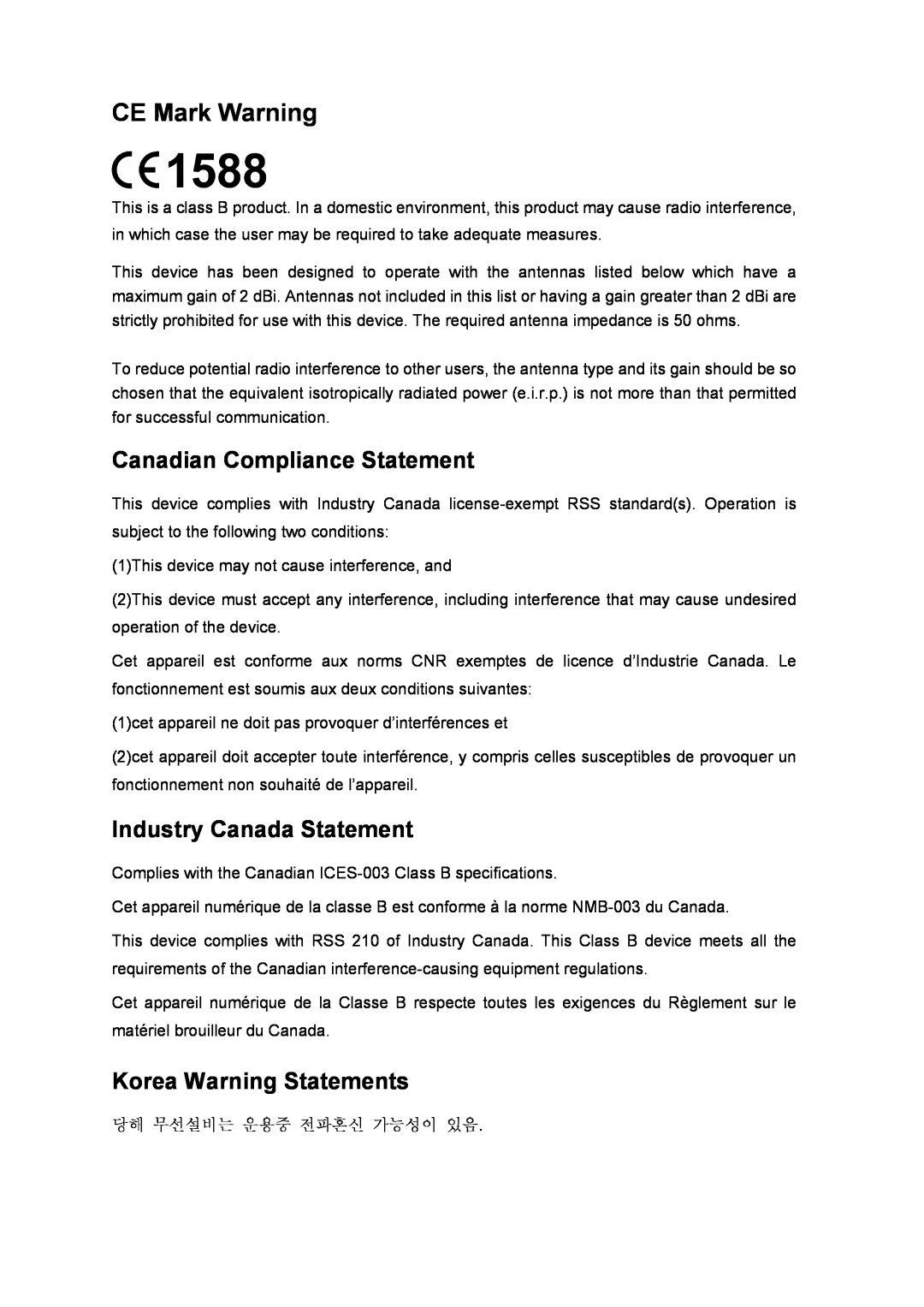 TP-Link TL-WN751N CE Mark Warning, Canadian Compliance Statement, Industry Canada Statement, Korea Warning Statements 