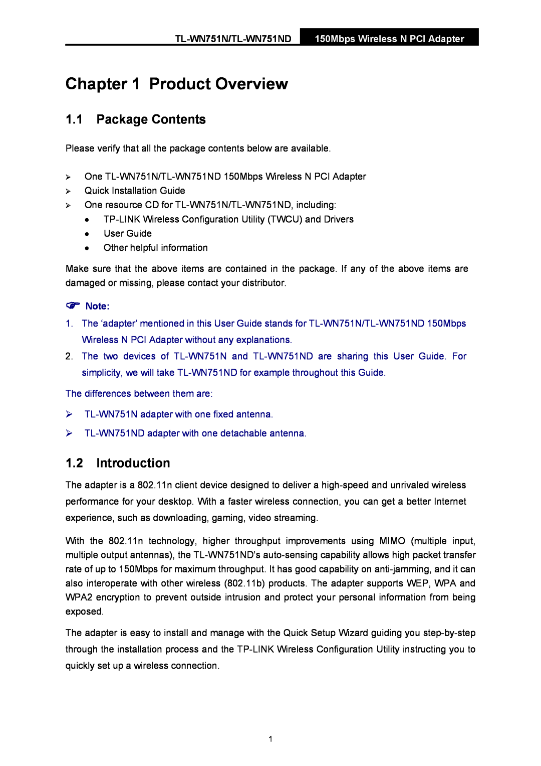 TP-Link manual Product Overview, Package Contents, Introduction, TL-WN751N/TL-WN751ND, 150Mbps Wireless N PCI Adapter 