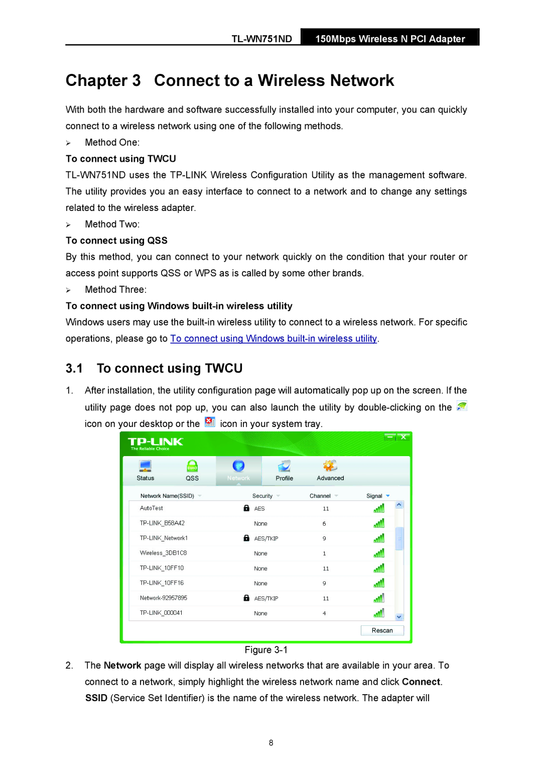 TP-Link TL-WN751ND manual Connect to a Wireless Network, To connect using Twcu 