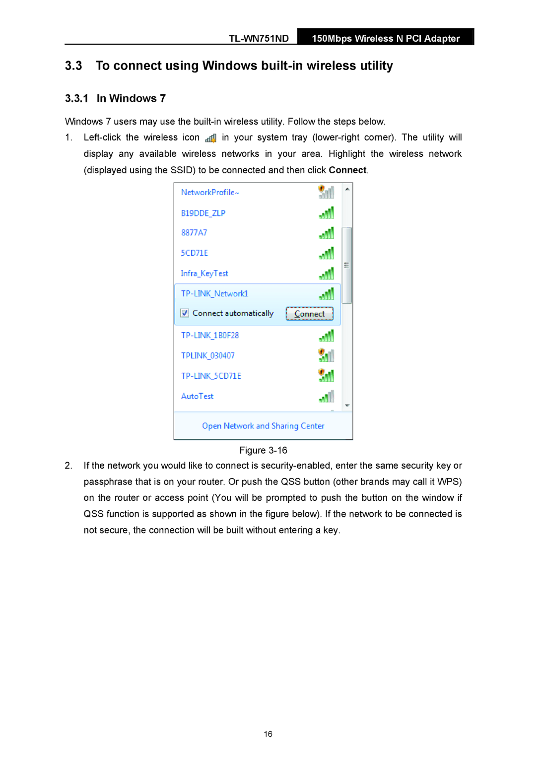 TP-Link TL-WN751ND manual To connect using Windows built-in wireless utility 