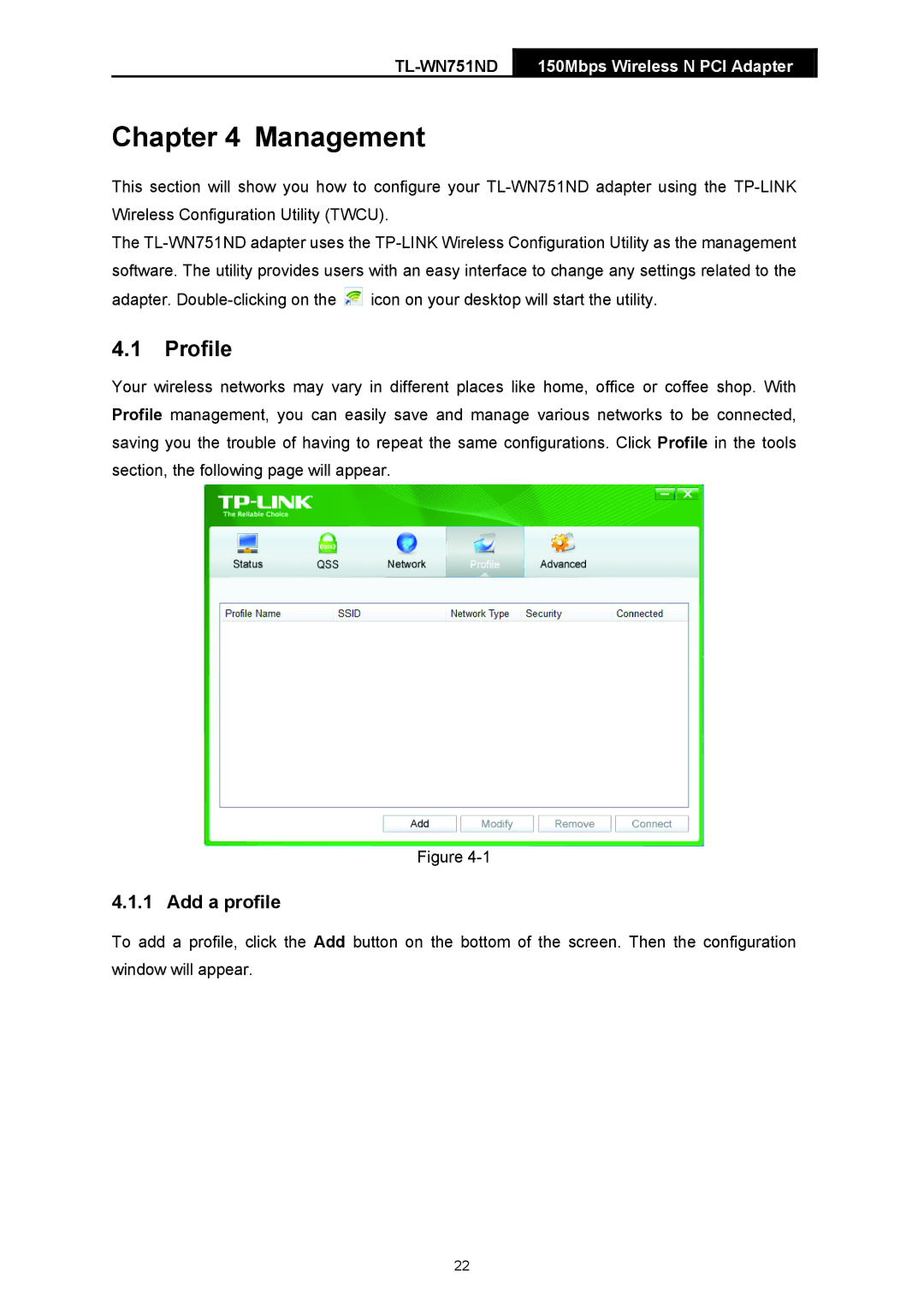 TP-Link TL-WN751ND manual Management, Profile, Add a profile 