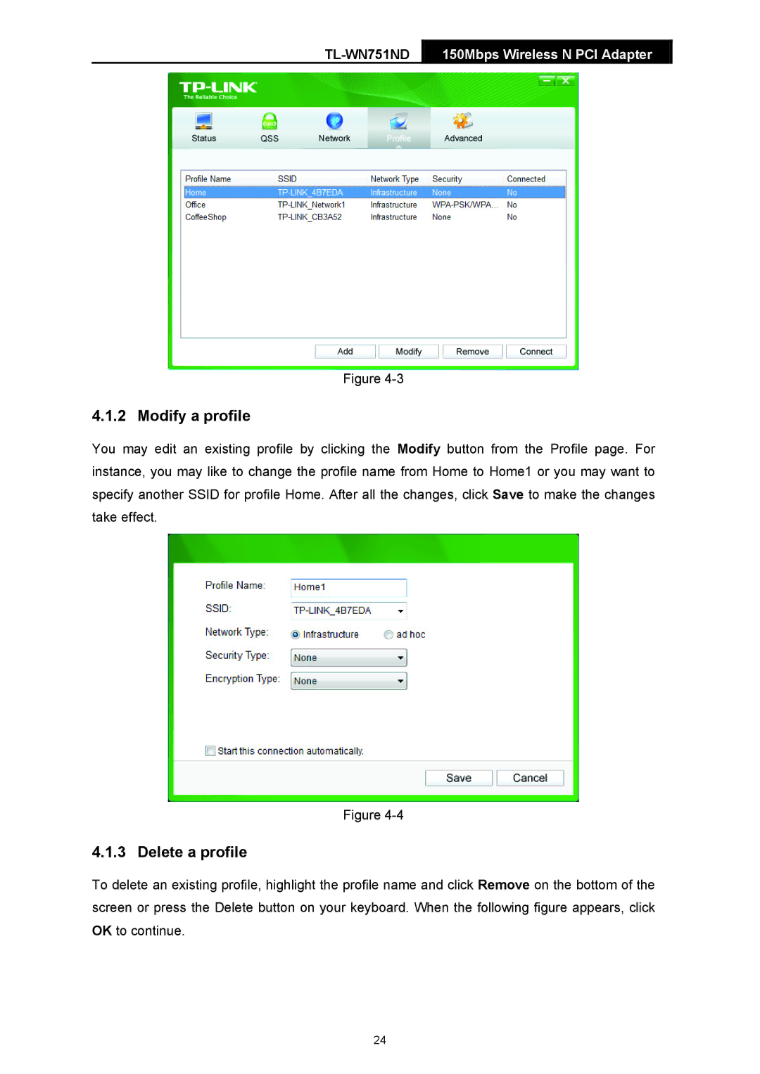 TP-Link TL-WN751ND manual Modify a profile, Delete a profile 