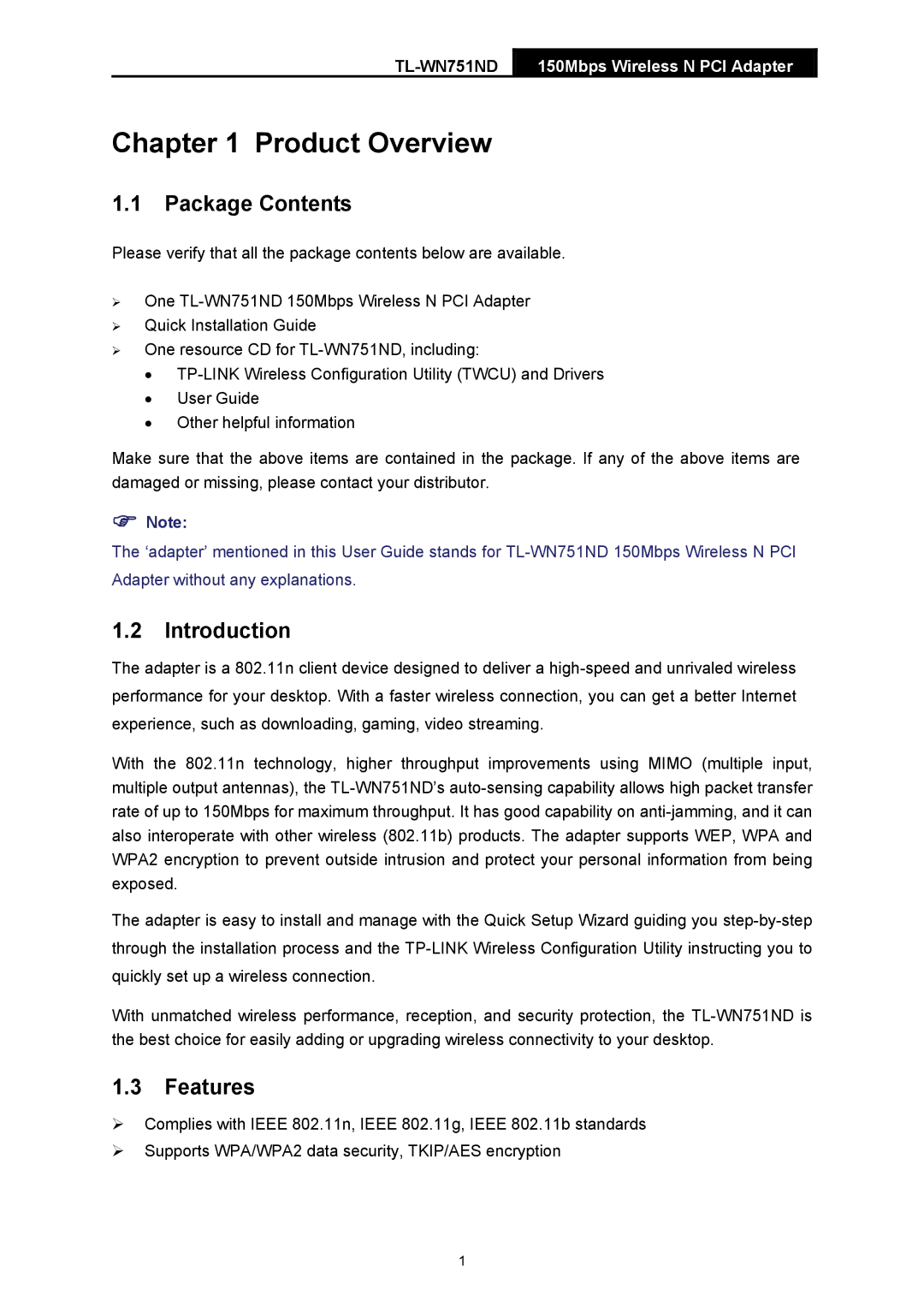 TP-Link TL-WN751ND manual Product Overview, Package Contents, Introduction, Features 