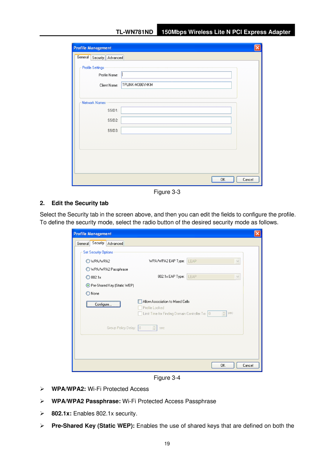 TP-Link TL-WN781ND manual Edit the Security tab 