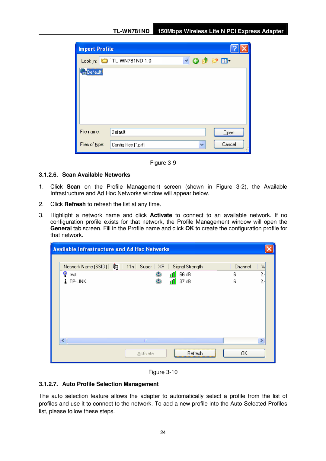 TP-Link TL-WN781ND manual Scan Available Networks, Auto Profile Selection Management 