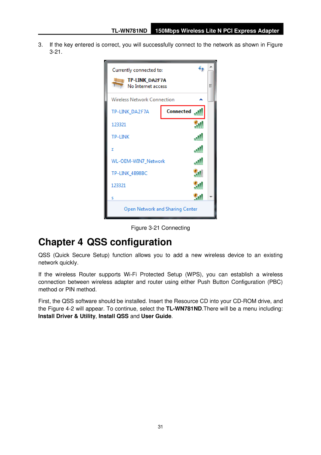 TP-Link TL-WN781ND manual QSS configuration, Connecting 