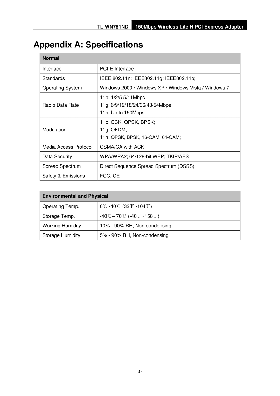 TP-Link TL-WN781ND manual Appendix a Specifications, Normal, Environmental and Physical 