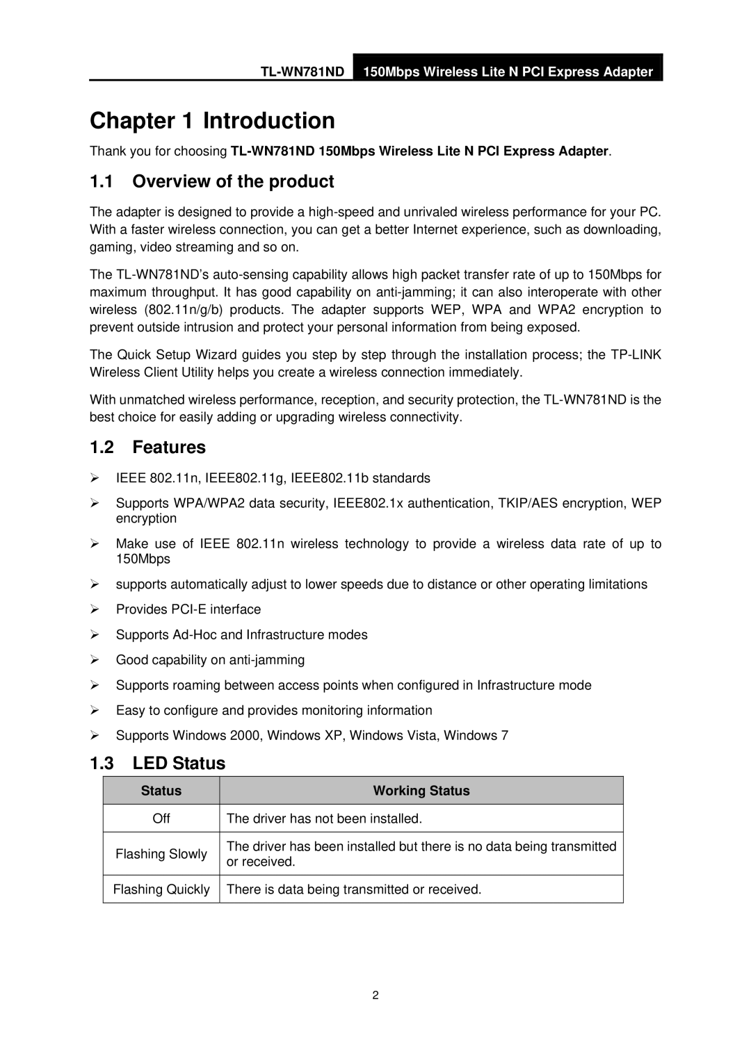 TP-Link TL-WN781ND manual Introduction, Overview of the product, Features, LED Status, Status Working Status 