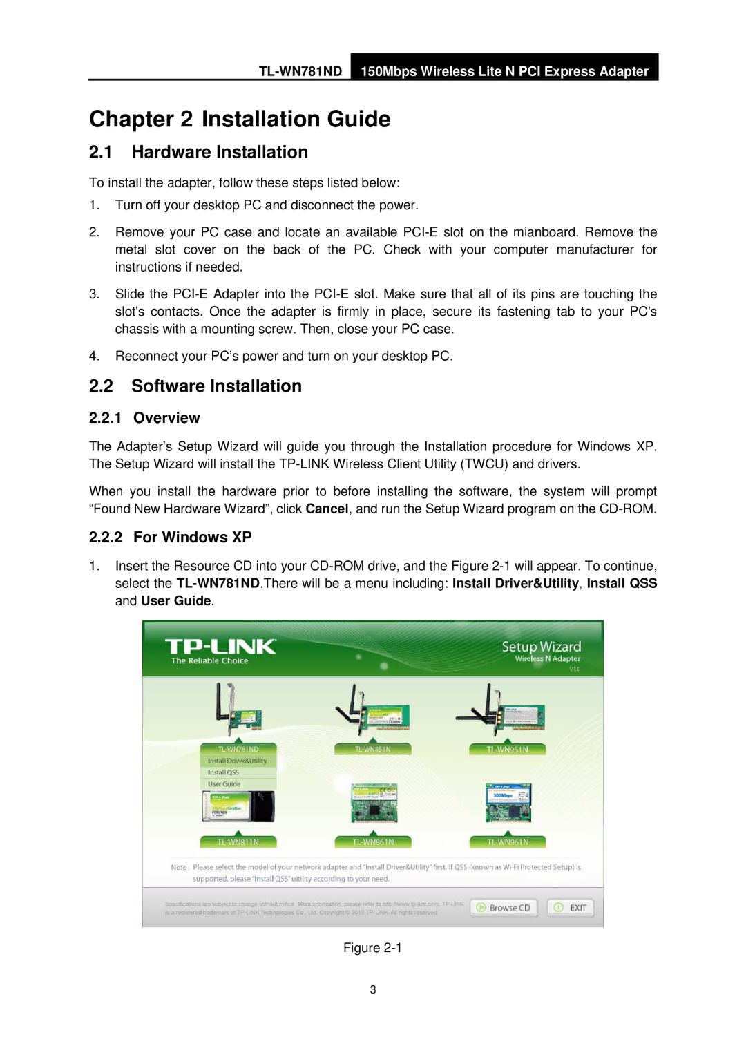 TP-Link TL-WN781ND manual Installation Guide, Hardware Installation, Software Installation, Overview, For Windows XP 