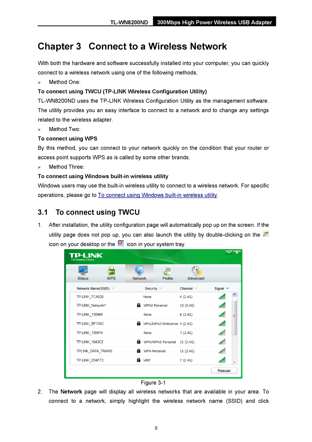 TP-Link TL-WN8200ND manual Connect to a Wireless Network, To connect using Twcu 